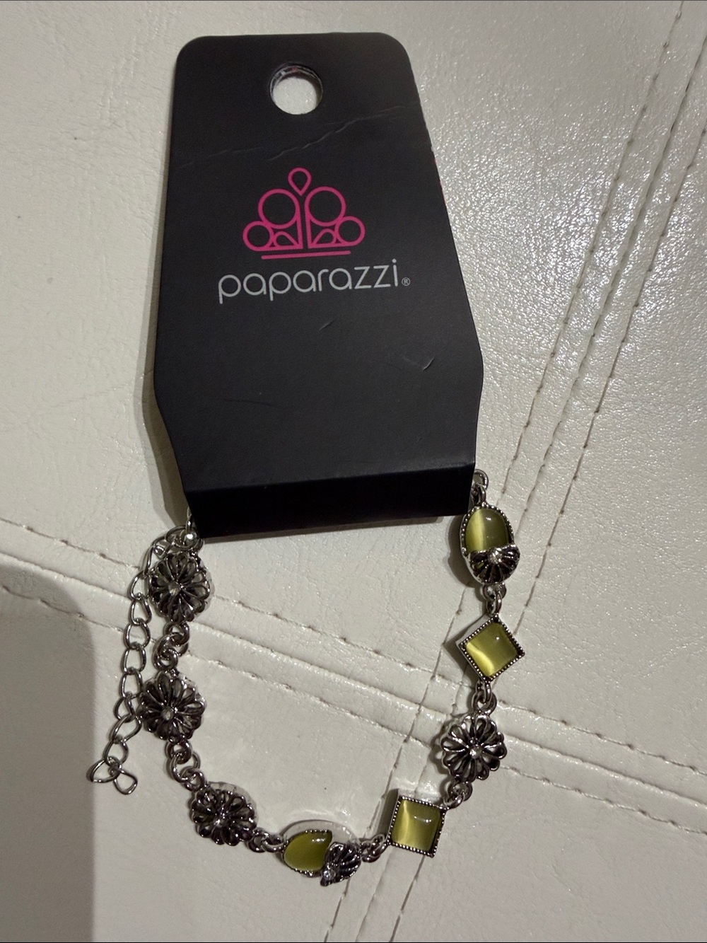 paparazzi Silver and Lime Floral Link Bracelet with Yellow-Green Accents
